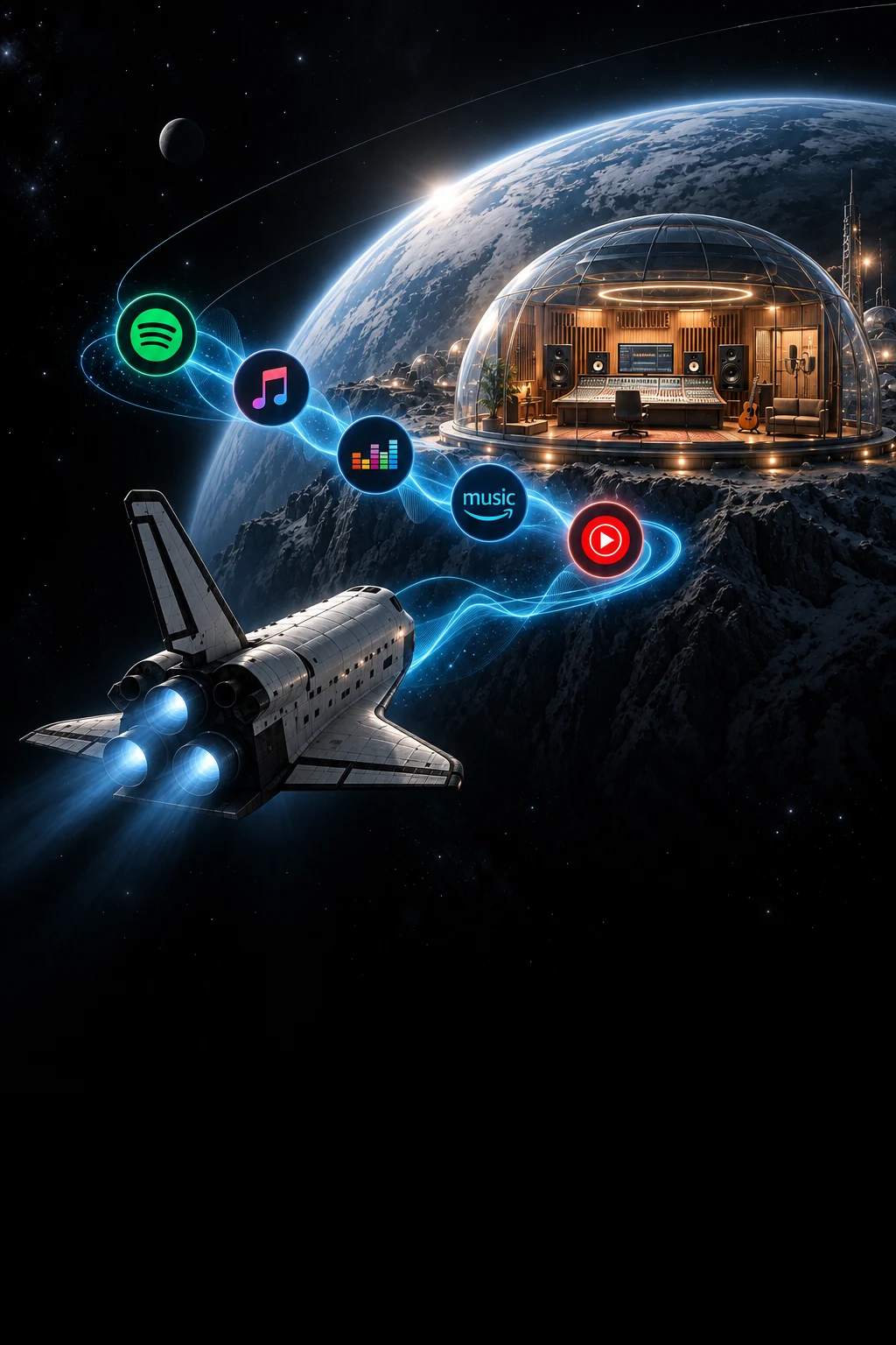 Shuttle tra onde sonore e simboli Spotify, Apple Music, Deezer, Amazon Music e YouTube Music, diretto verso uno studio di registrazione su un pianeta