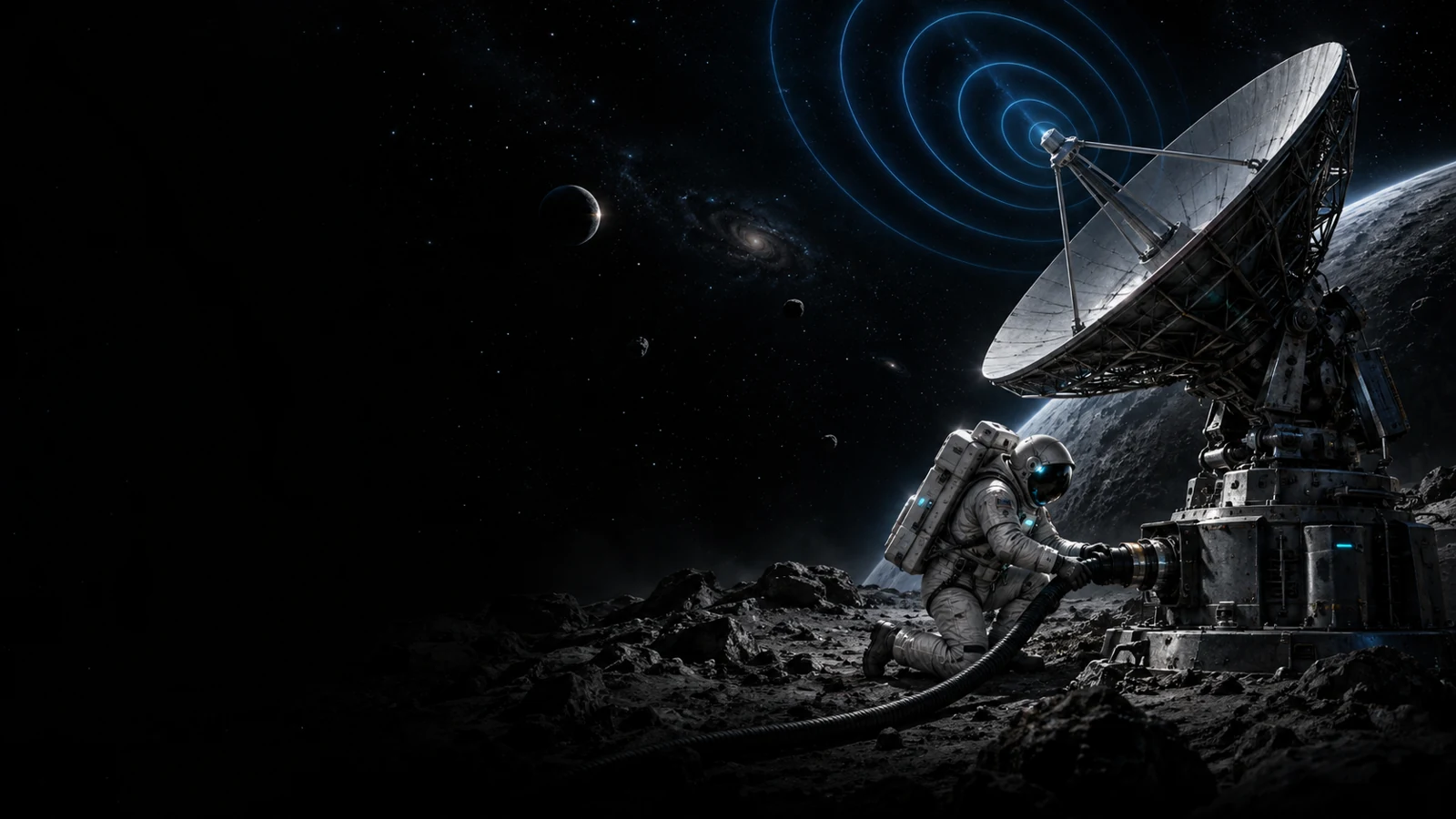 Astronauta che collega un grande cavo a un’antenna radar su un pianeta, inviando un segnale nello spazio