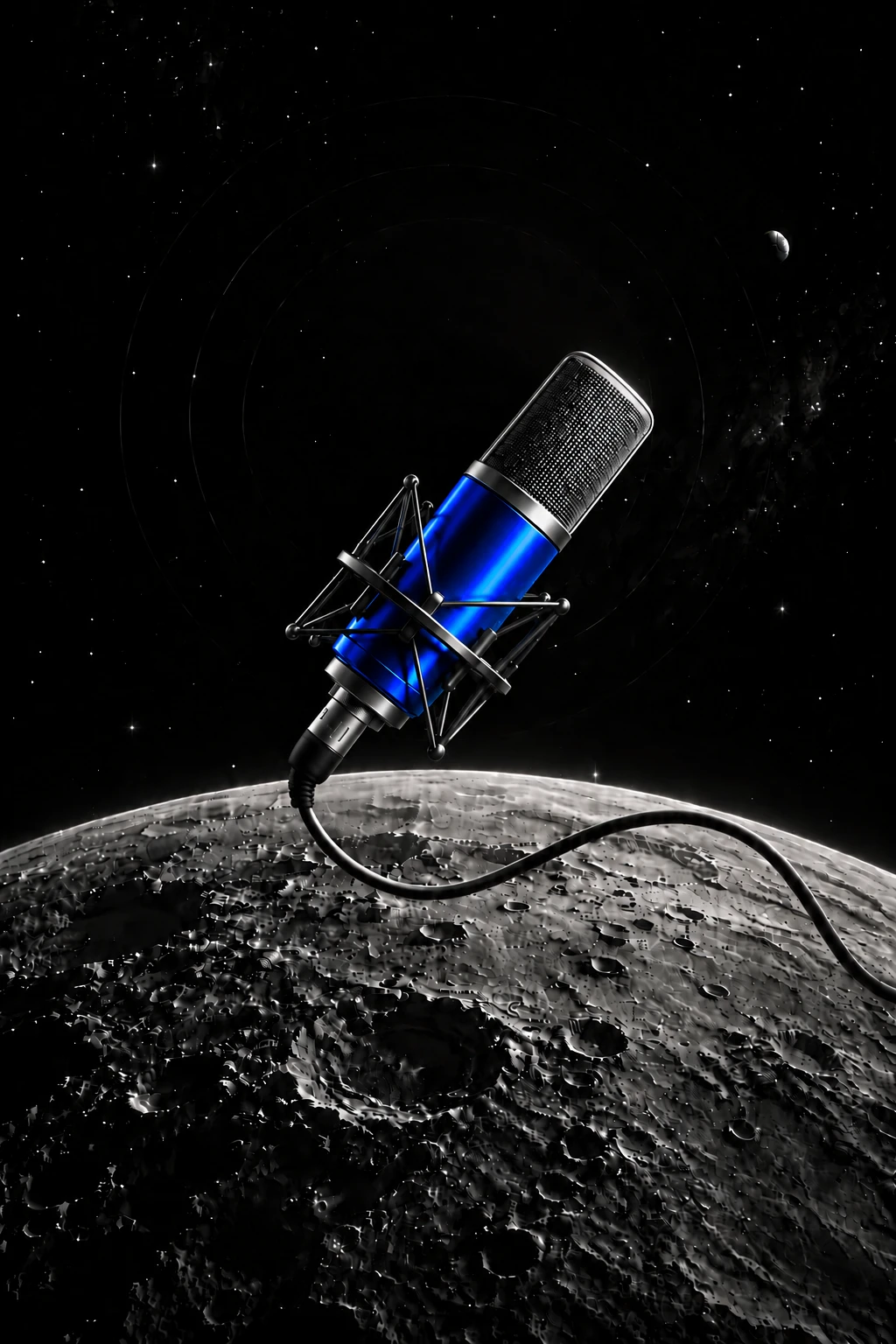 Microfono da studio blu metallizzato con cavo, sospeso sopra la luna