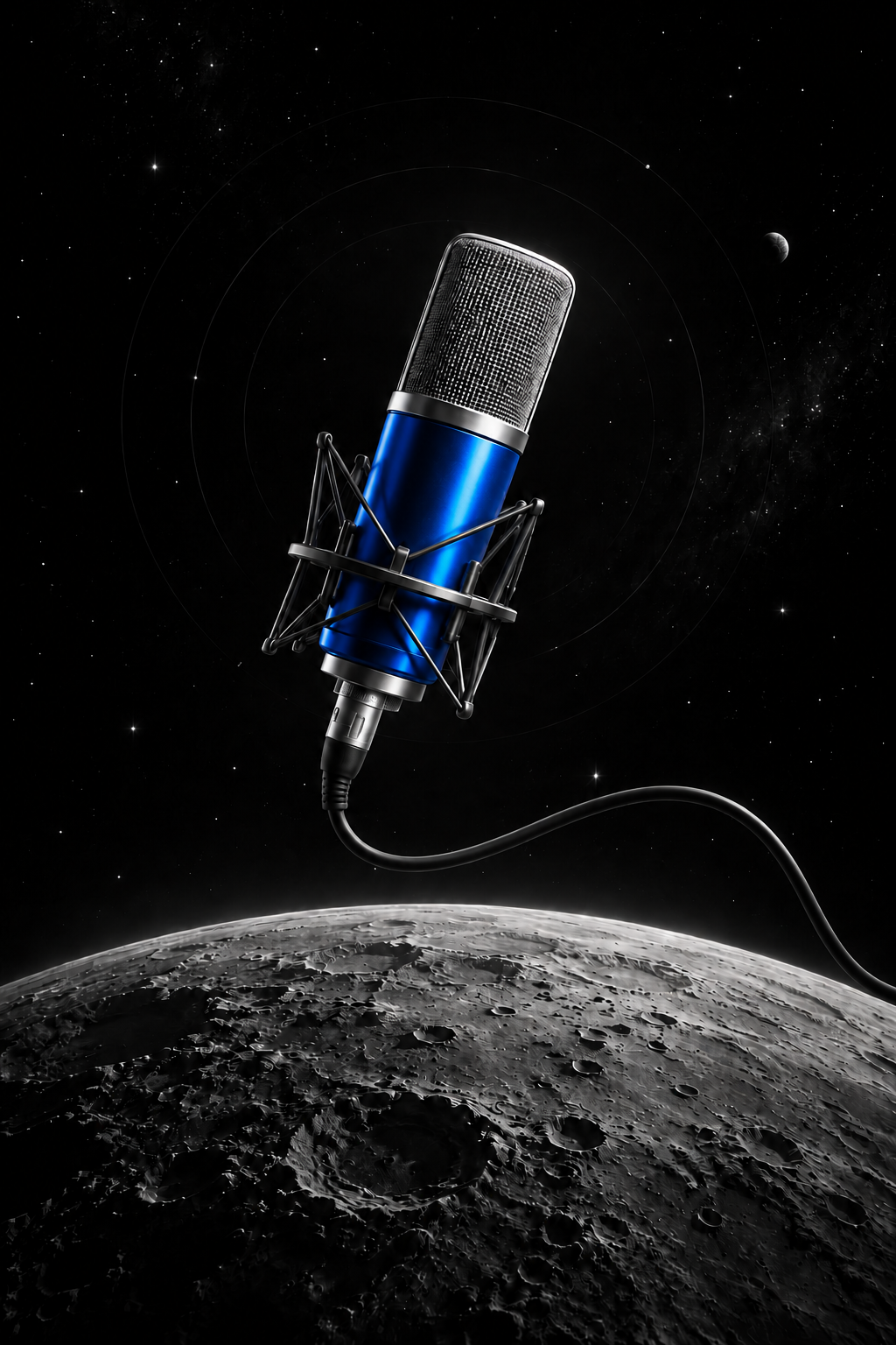Microfono da studio blu metallizzato con cavo, sospeso sopra la luna