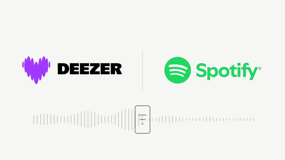 Loghi ufficiali Deezer e Spotify con un segnale musicale schematico che attraversa un filtro.