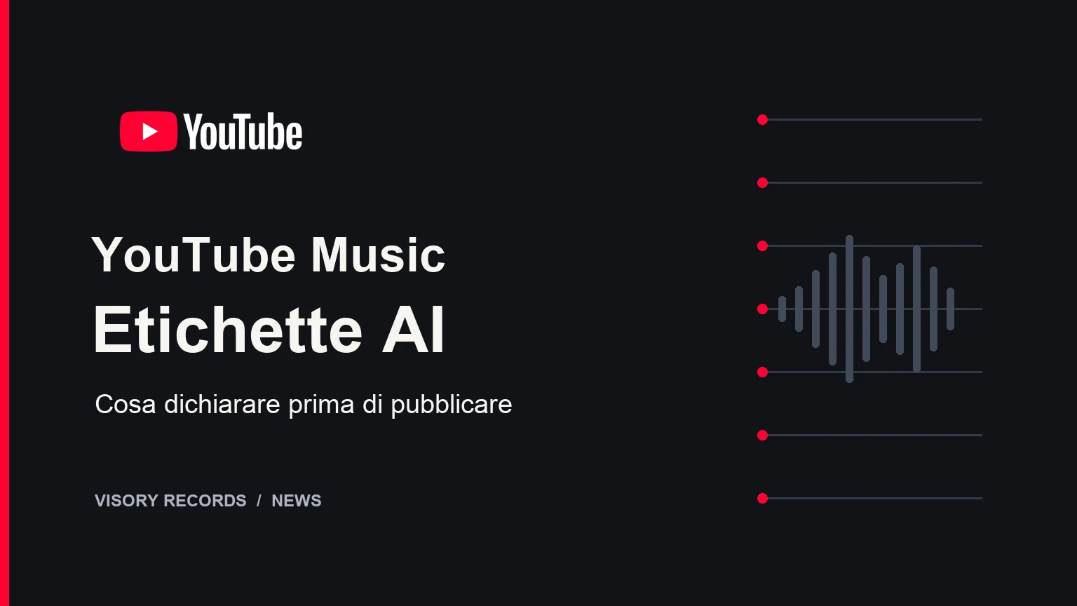 Logo ufficiale YouTube e titolo YouTube Music: Etichette AI. Cosa dichiarare prima di pubblicare, con motivo astratto di tracce e metadati.