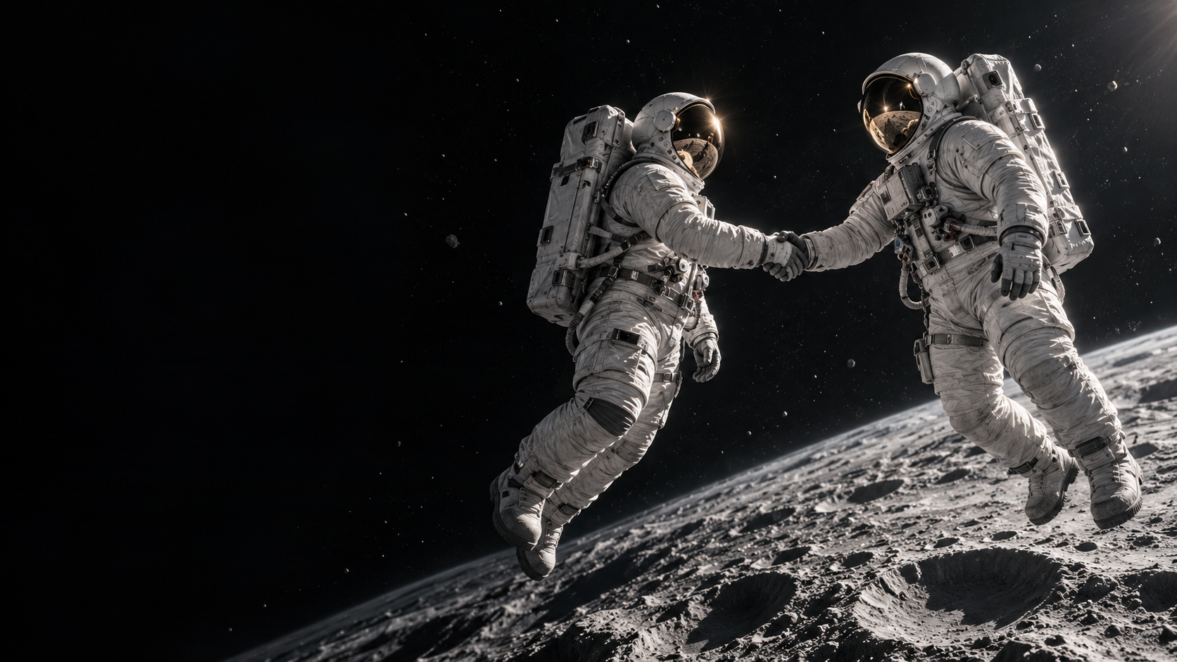 Due astronauti si stringono la mano sospesi sopra la superficie lunare.