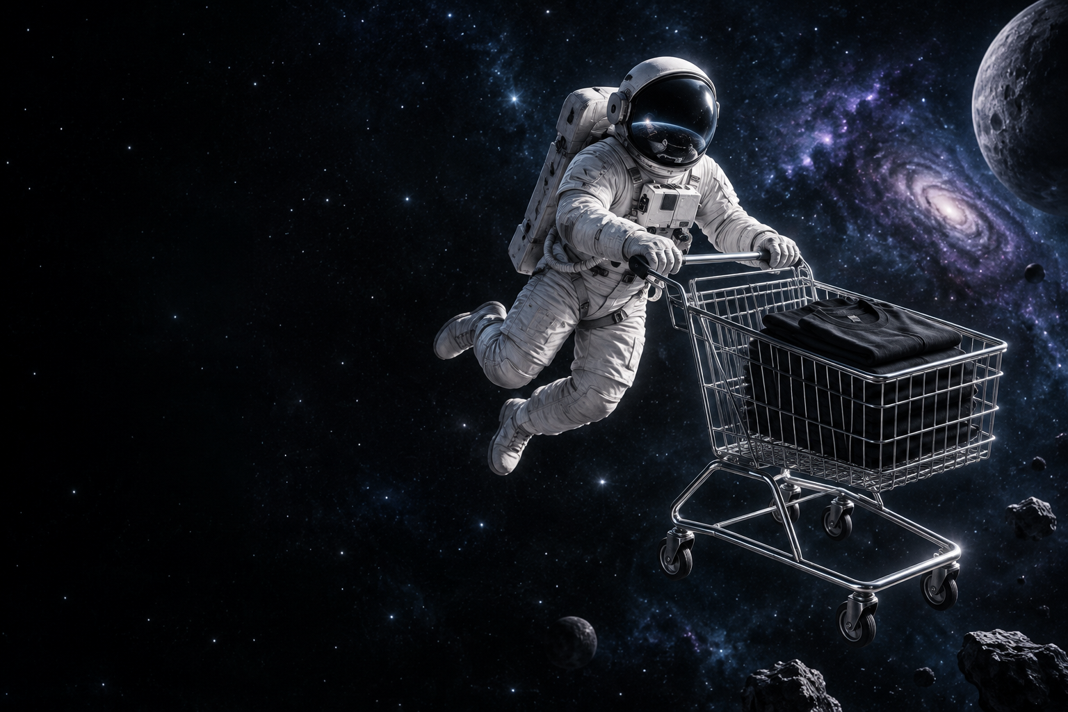 Un astronauta fluttua nello spazio insieme a un carrello della spesa